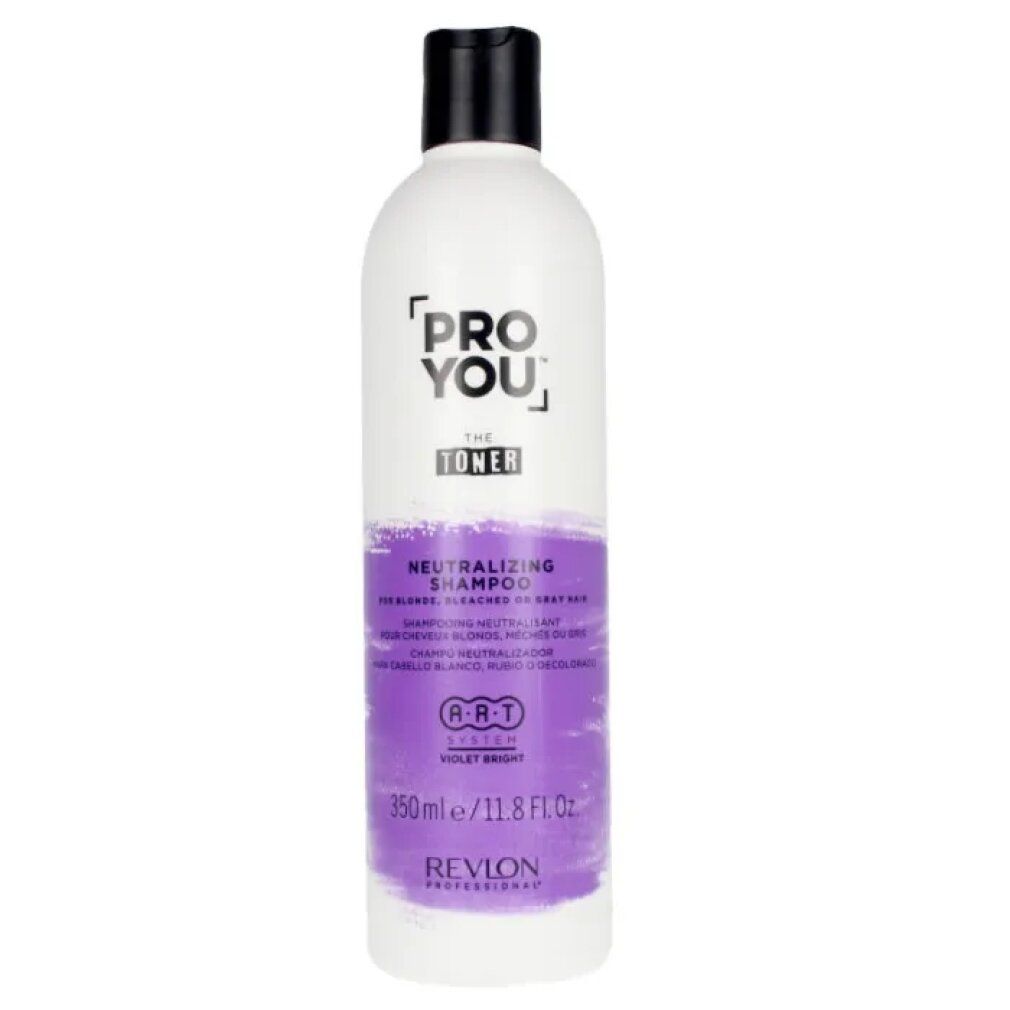Weiße Flasche mit schwarzem Deckel. Aufkleber mit lila Farbverlauf und Text: PRO YOU, THE TONER, NEUTRALIZING SHAMPOO, 350ml/11.8 Fl. Oz.
