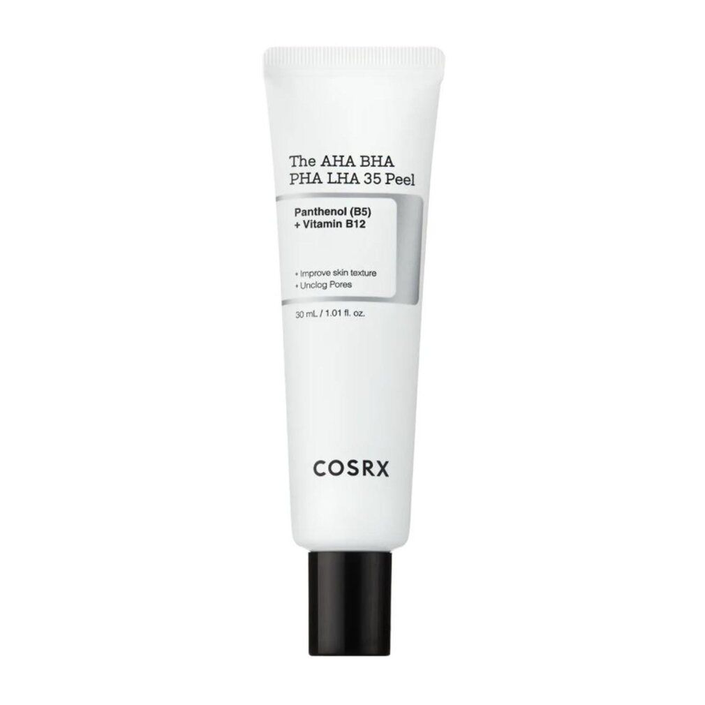 Weiße Tube mit schwarzem Deckel. Aufschrift: The AHA BHA PHA LHA 35 Peel, COSRX. Enthält Panthenol (B5) + Vitamin B12.