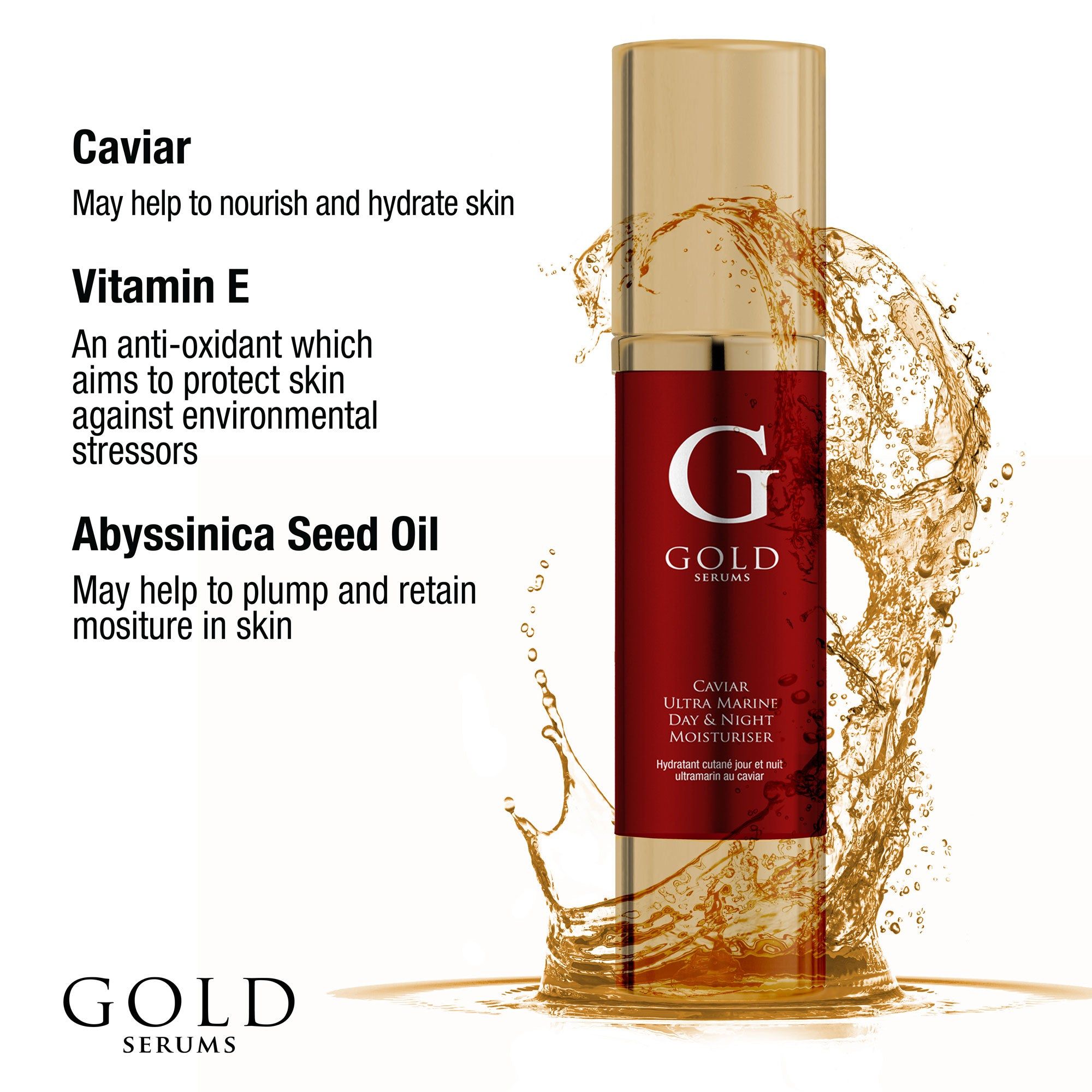 Gold Serums Caviar Ultra Marine Tages- und Nachtfeuchtigkeitspflege. Flasche mit Inhaltsstoff-Informationen. Goldene und rote Flasche.