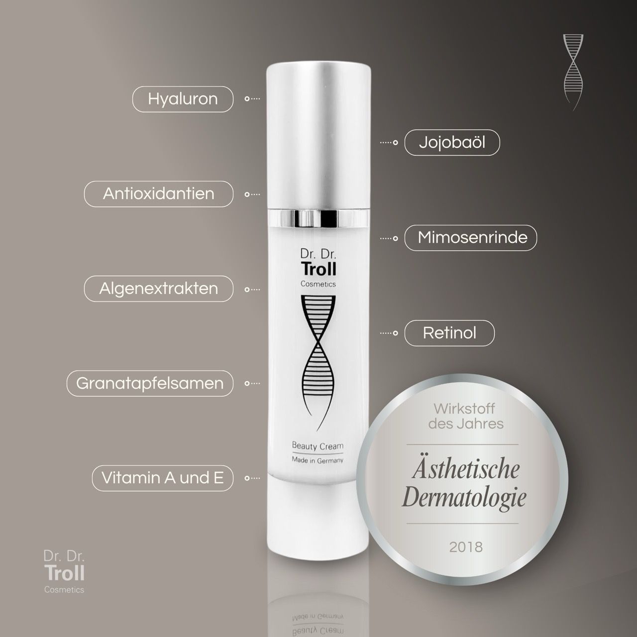 Dr. Dr. Troll Cosmetics Beauty Cream. Weißes Fläschchen mit silbernem Deckel. Text: Hyaluron, Antioxidantien, Algenextrakte, Granatapfelsamen, Vitamin A und E.