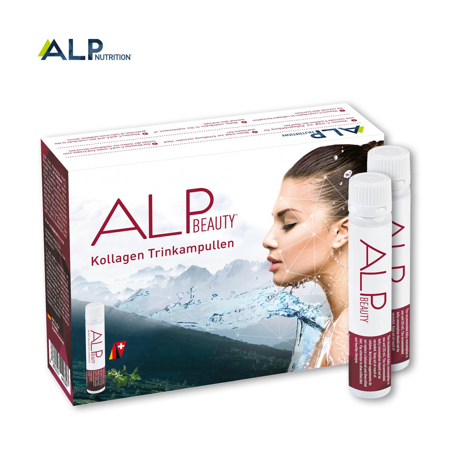 Verpackung von ALP BEAUTY Kollagen Trinkampullen mit zwei einzelnen Ampullen.