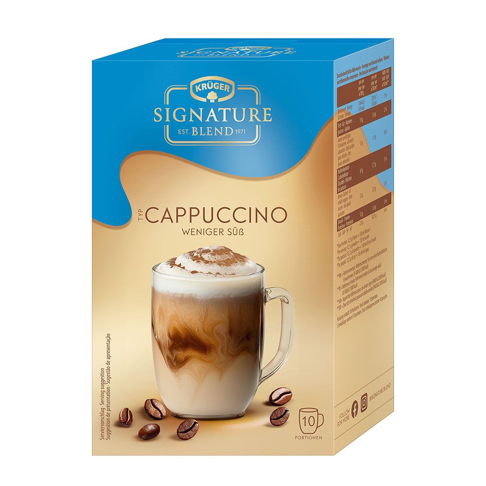 Karton Krüger Signature Blend Cappuccino, weniger süß. Abbildung eines Getränks im Glas. Kaffeebohnen liegen daneben.