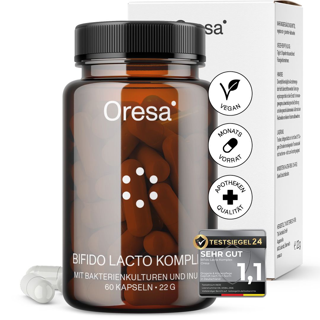 Braune Glasflasche mit Kapseln. Aufschrift: Oresa, Bifido Lacto Komplex. 60 Kapseln, 22 g. Vegan, Apothekenqualität, Testsiegel.