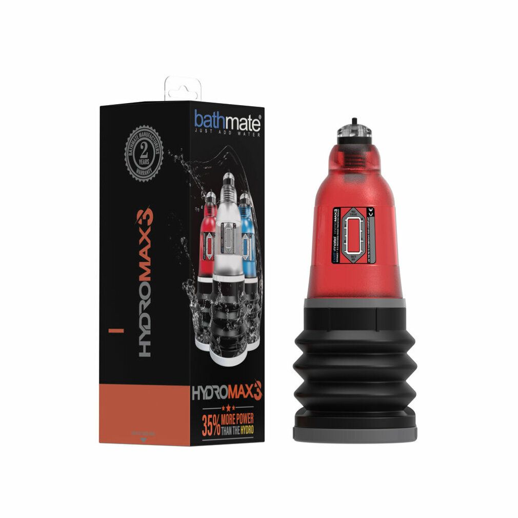 Rotes Wellness-Produkt neben Verpackung. Verpackung mit Produktabbildung und Text: Hydromax3.