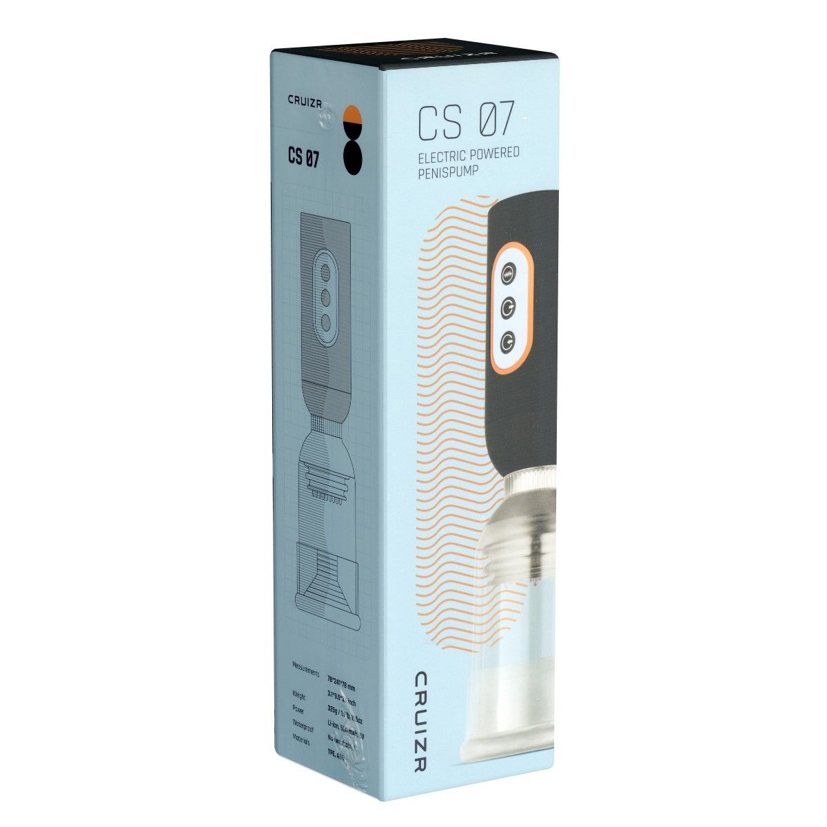 Verpackung der CRUIZR *CS07* Penispumpe. Produktabbildung und Schriftzug auf hellblauem Hintergrund.