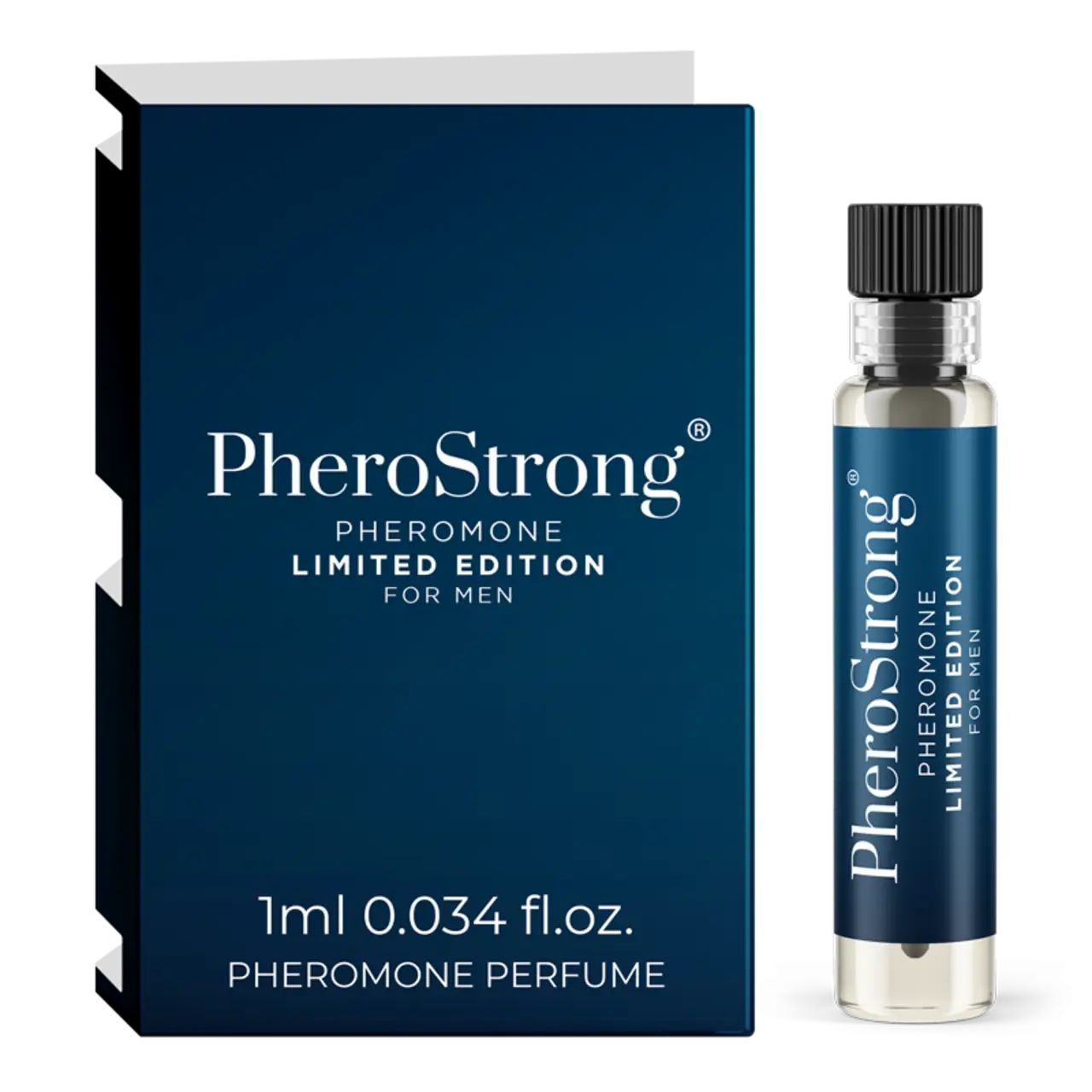 Flakon und Verpackung. Flakon mit schwarzem Verschluss. Verpackung mit Produktnamen und Text. Produkt: Pheromone für Männer.
