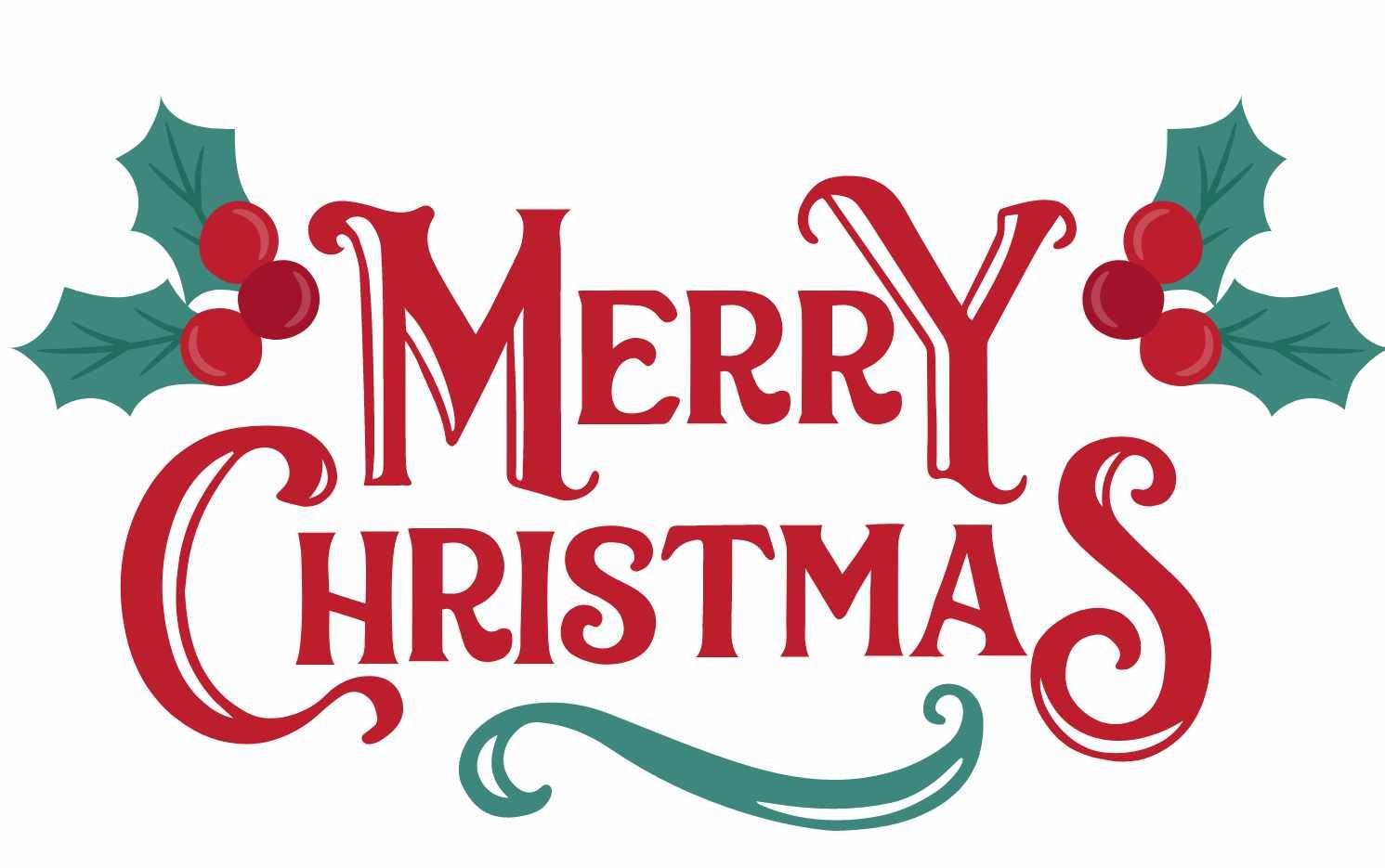 Ein roter Schriftzug "Merry Christmas" mit weißen Buchstaben, umgeben von grünen Blättern und roten Beeren. Unter dem Schriftzug befindet sich eine grüne geschwungene Linie.