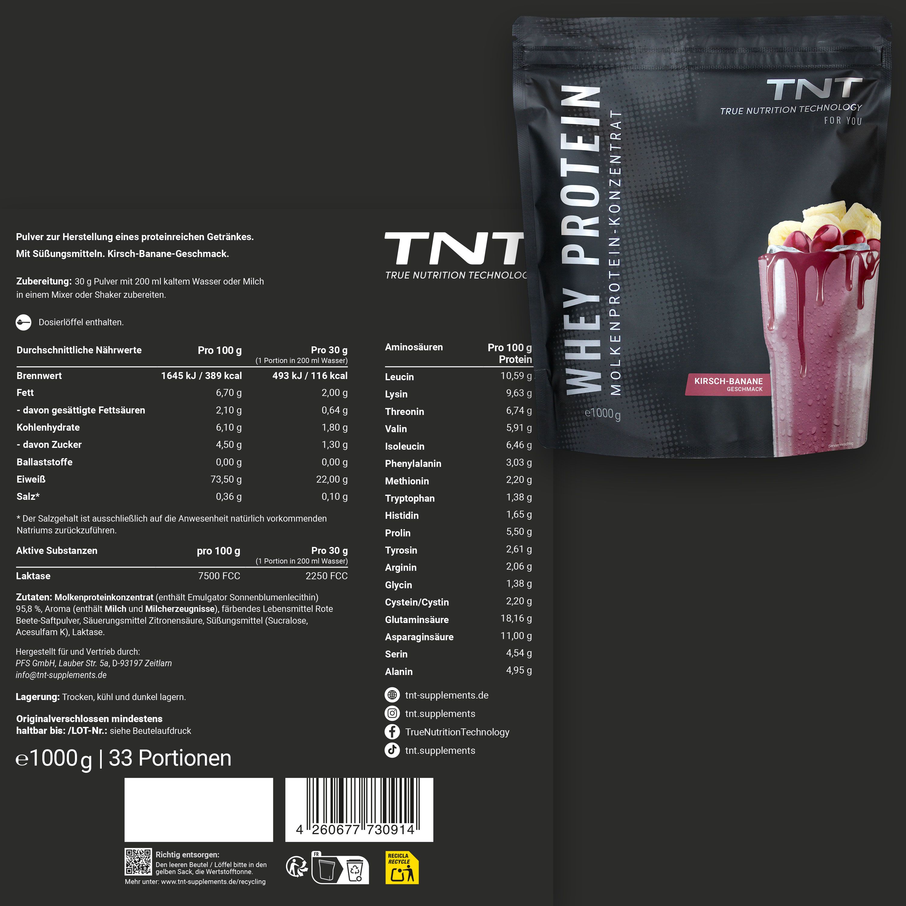 Whey Protein Konzentrat-Beutel und Nährwerttabelle. Text: Kirsch-Banane-Geschmack. 1000g, 33 Portionen. Zutatenliste und Nährwerte.