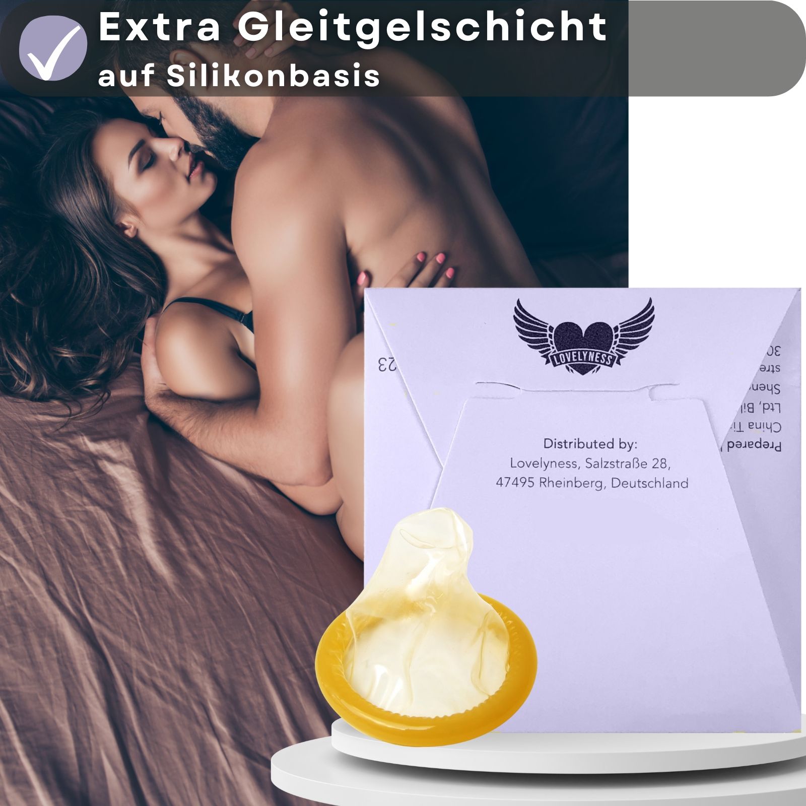 Kondom mit Blaubeere-Geschmack. Extra Gleitgel auf Silikonbasis.