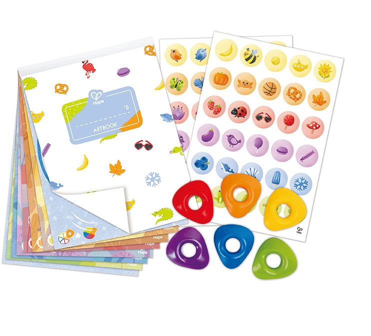 Hape-Set mit Papier, Aufklebern und farbigen Formen. Enthält ein Artbook und verschiedene Stickerbögen.