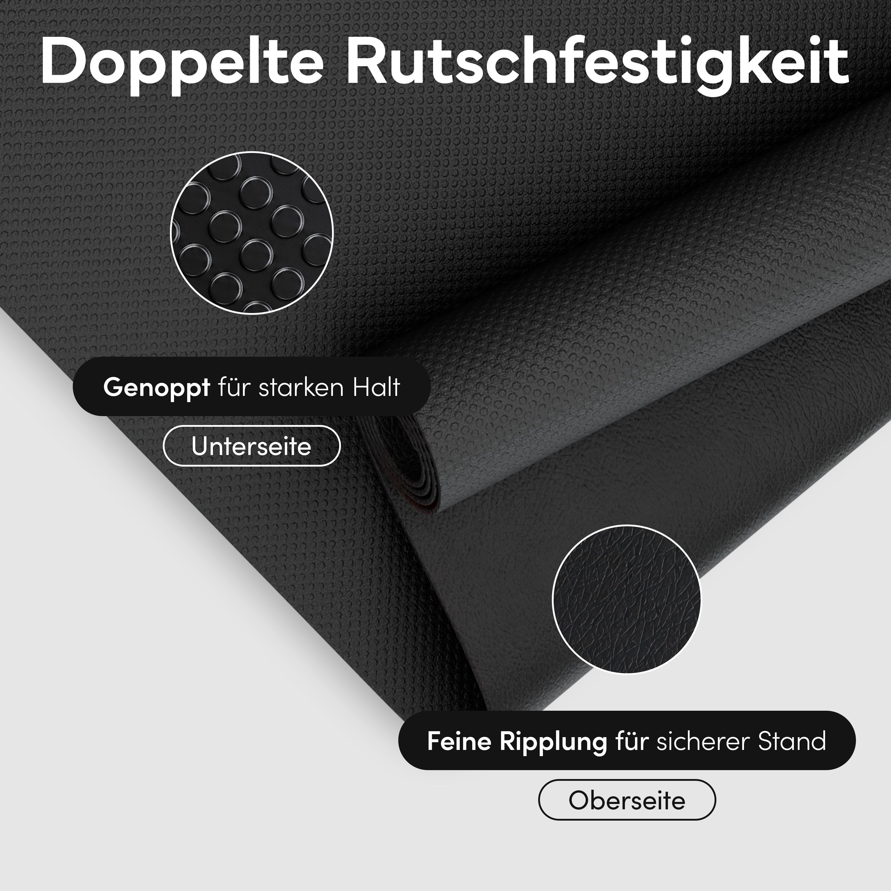 Nahaufnahme der schwarzen Fitnessmatte. Text: Doppelte Rutschfestigkeit. Genoppte Unterseite, feine Ripplung Oberseite.