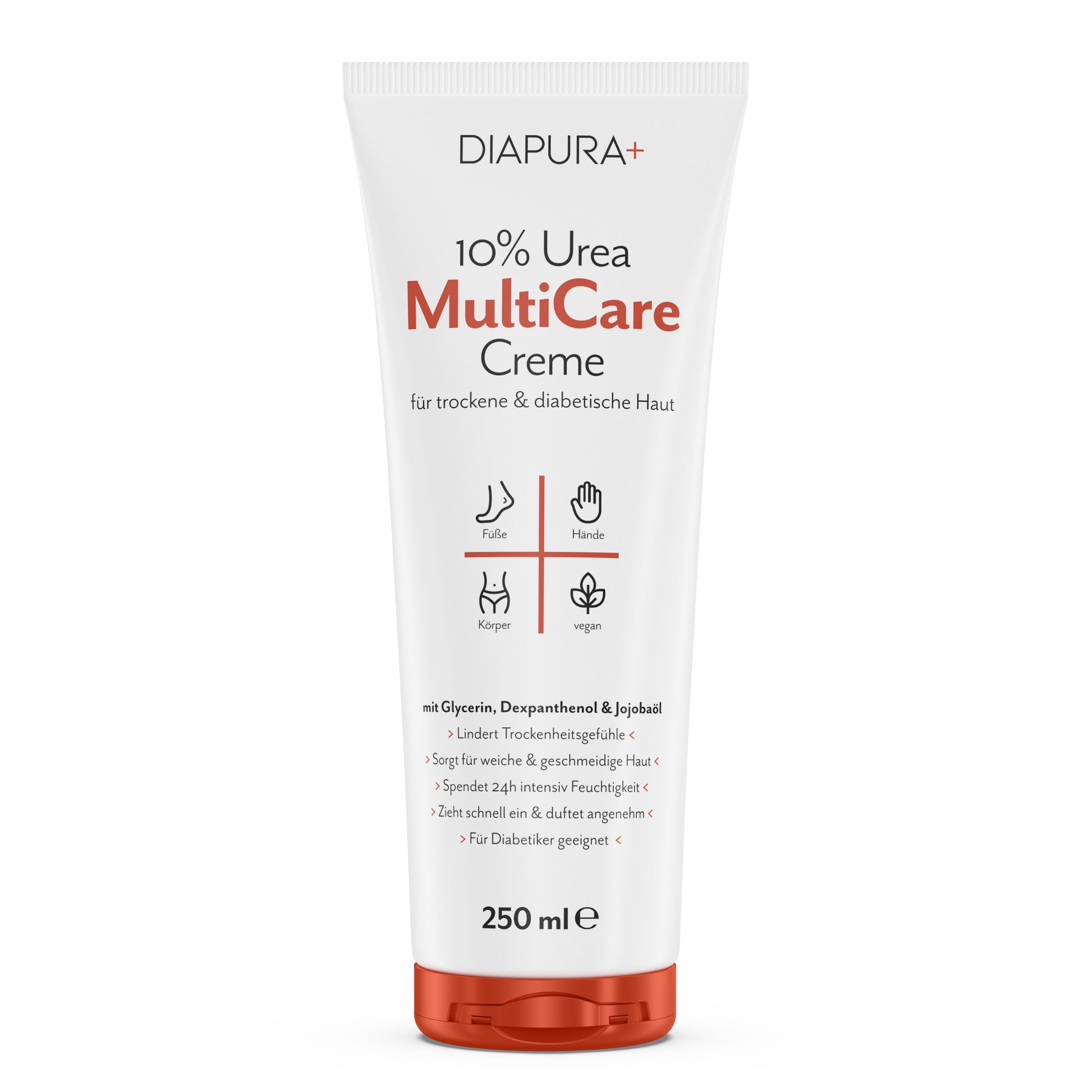 Creme-Tube mit rotem Deckel. Aufschrift: 10% Urea MultiCare Creme für trockene & diabetische Haut. Symbole für Füße, Hände, Körper, vegan.
