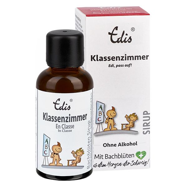 Braune Flasche und weiße Verpackung. Flasche mit schwarzem Verschluss. Produktname, Illustration und Text. Bachblüten Sirup.