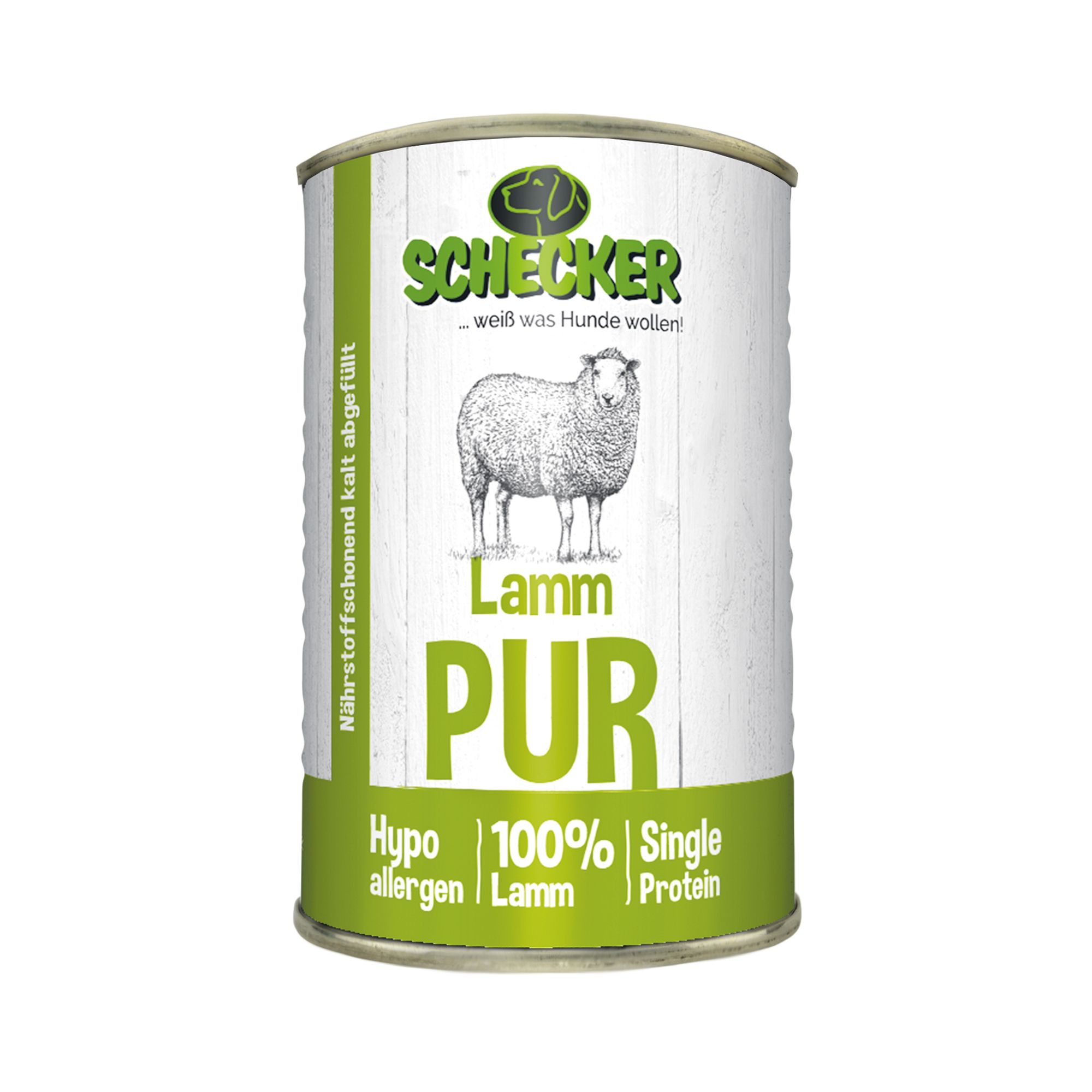 Eine Dose Nassfutter mit Etikett. Aufschrift: Schecker Lamm Pur, 100% Lamm, hypoallergen. Abbildung eines Schafes.