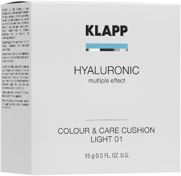 Klapp Hyaluronic Multiple Effect Color & Care Cushion. Weiße Verpackung mit Produktnamen und Inhaltsangabe. Light 01.