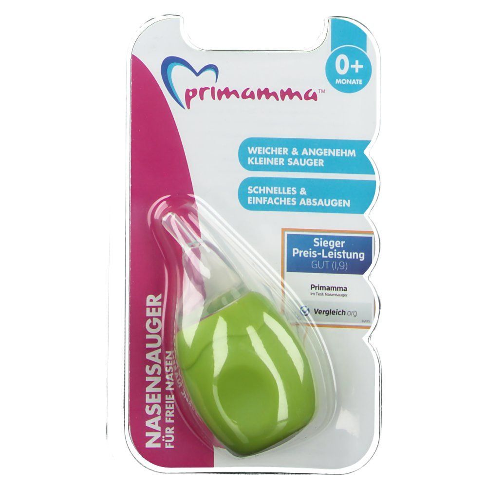 Nasensauger apfelgrün in Blisterverpackung. Produktname und Logo "primamma" sichtbar. Text: "Für freie Nasen".