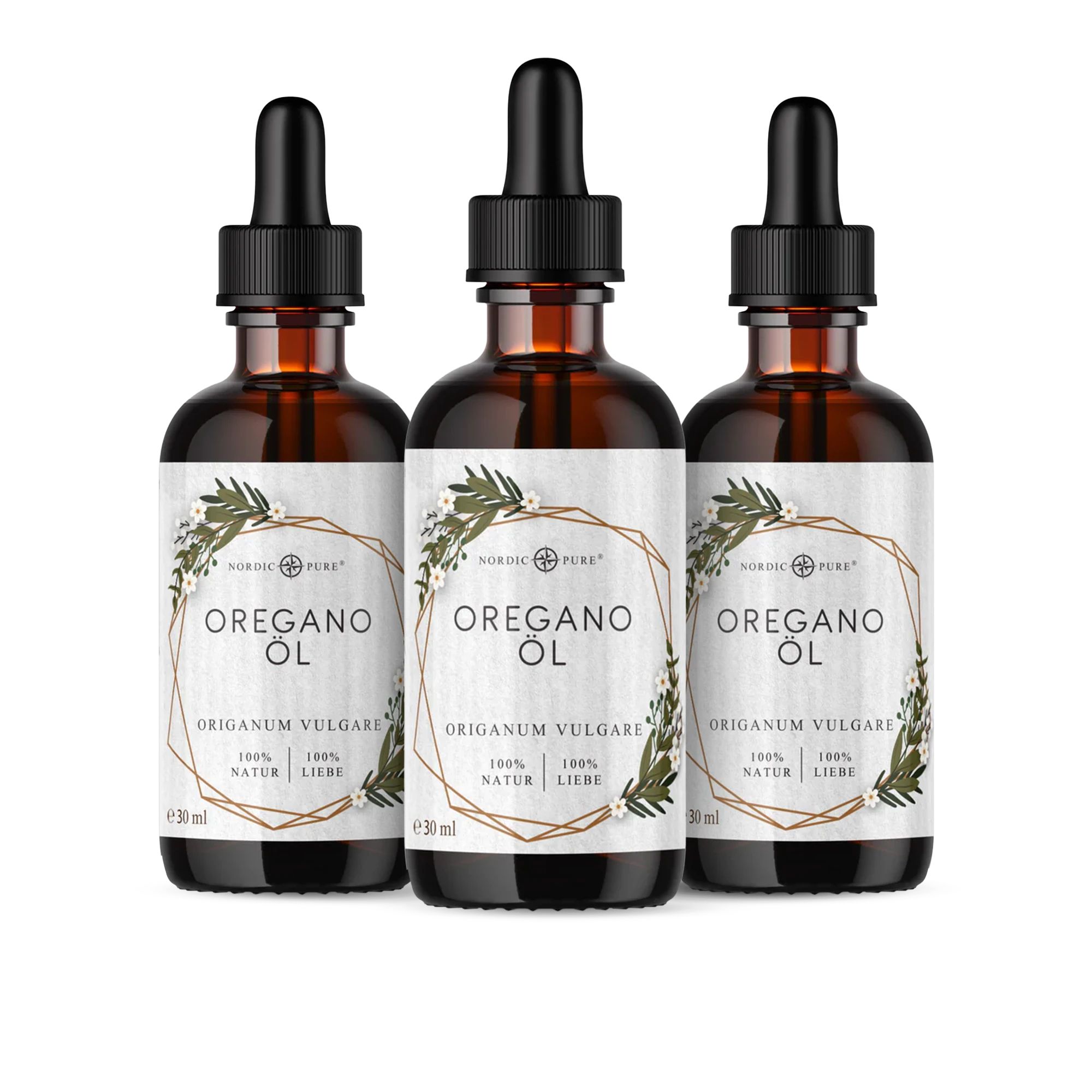 Drei braune Glasflaschen mit Tropfern. Nordic Pure Oreganoöl, 30 ml. Etikett mit Produktinformationen.