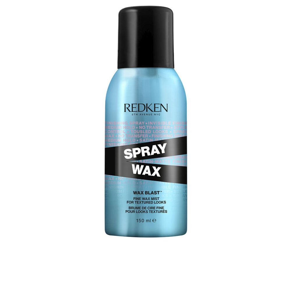 Hellblaue Sprühflasche mit schwarzem Deckel. Aufschrift: Redken Spray Wax. Text in Englisch und Französisch. 150 ml.
