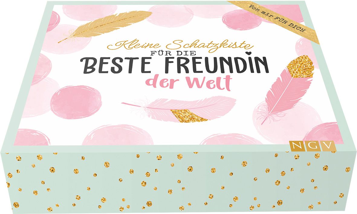Geschenkbox mit Aufschrift "Kleine Schatzkiste für die beste Freundin der Welt". Mintgrüner Rand mit goldenen Punkten, rosa Federn und Kreisen.