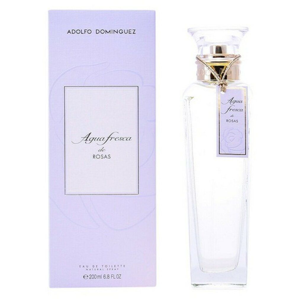 Adolfo Dominguez Agua Fresca de Rosas Eau de Toilette Spray. Flakon und Verpackung in hellem Lila. Etikett mit Produktnamen.