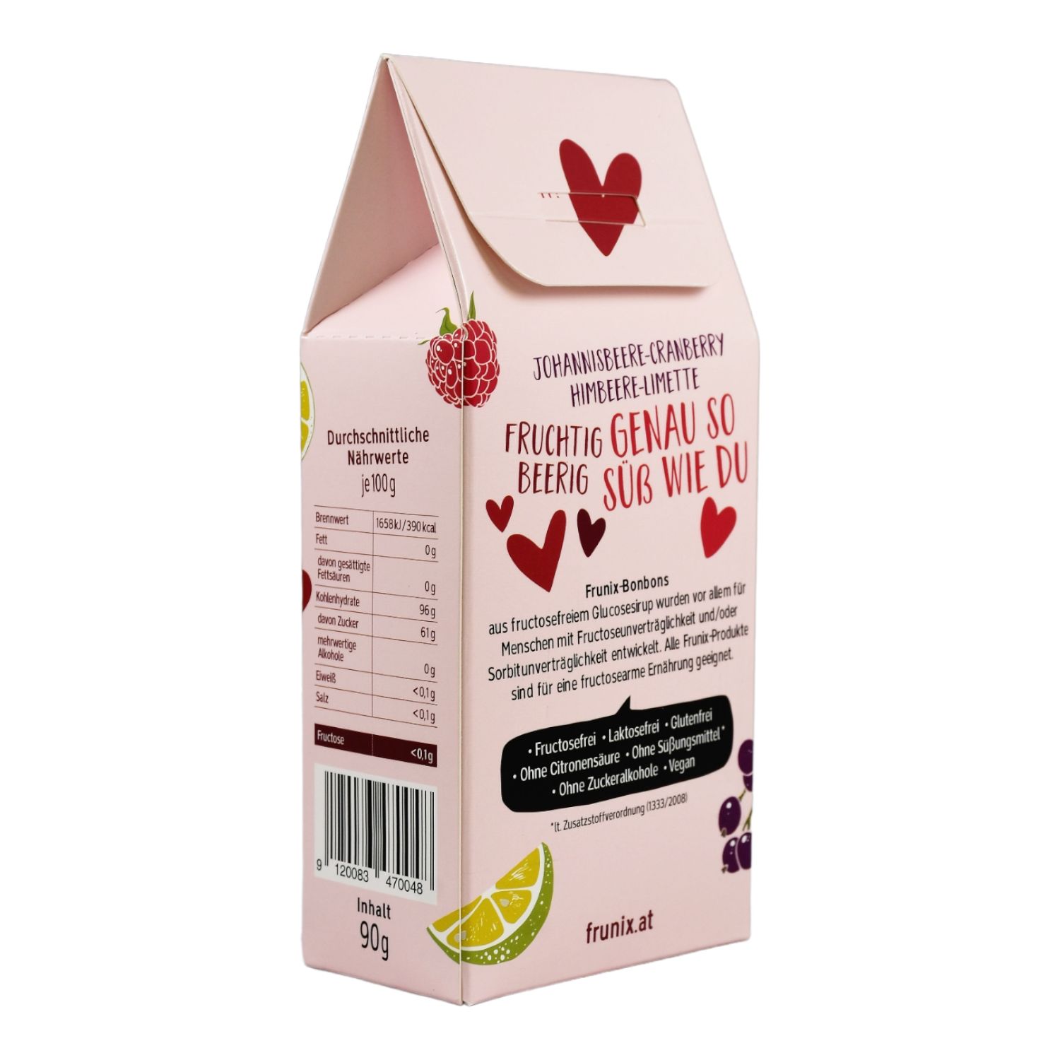 Rosa Verpackung mit Nährwertangaben. Aufschrift: Johannisbeere-Cranberry Himbeere-Limette, Fruchtig genau so beerig süß wie du. Ohne Fructose, Glutenfrei, Vegan.