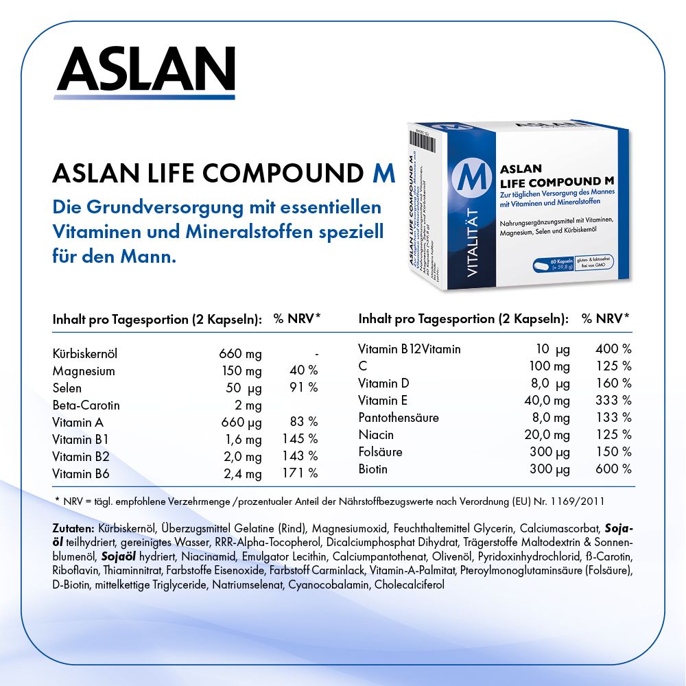Tabelle mit Nährwertangaben für ASLAN LIFE COMPOUND M. Enthält Informationen zu Vitaminen und Mineralstoffen. Kleines Bild der Produktverpackung oben rechts.