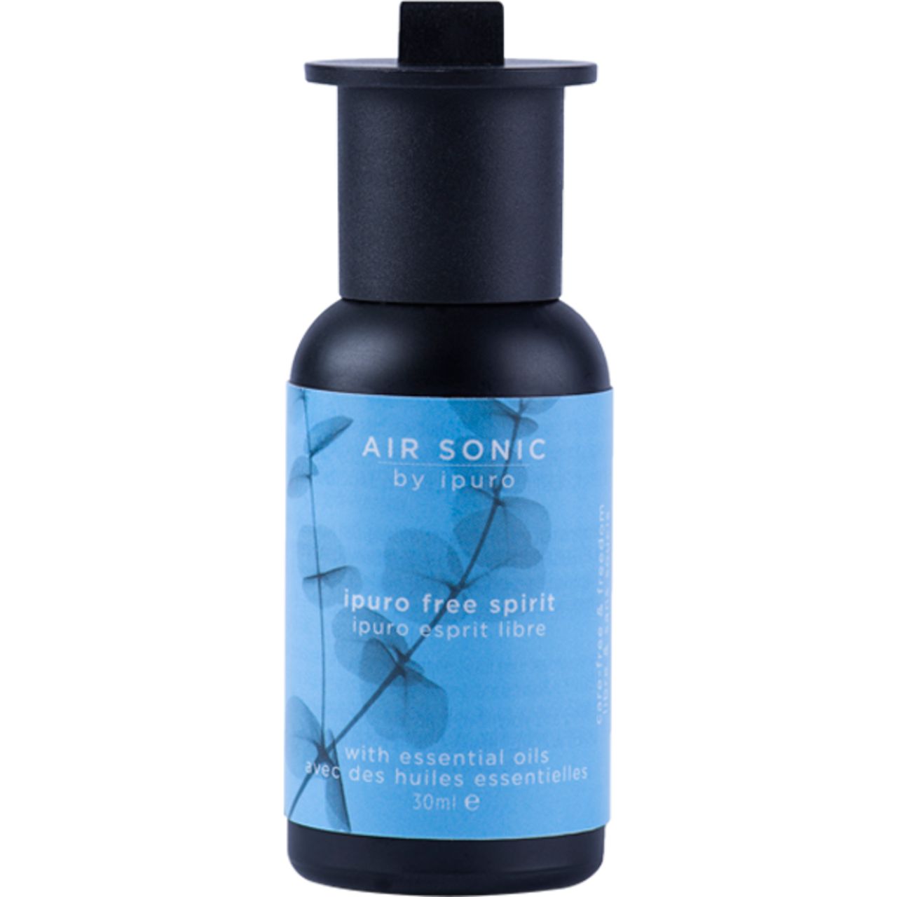 Schwarzer Diffusor mit blauem Etikett. Aufschrift: Air Sonic by ipuro, free spirit. Pflanzenmotiv. 30ml.