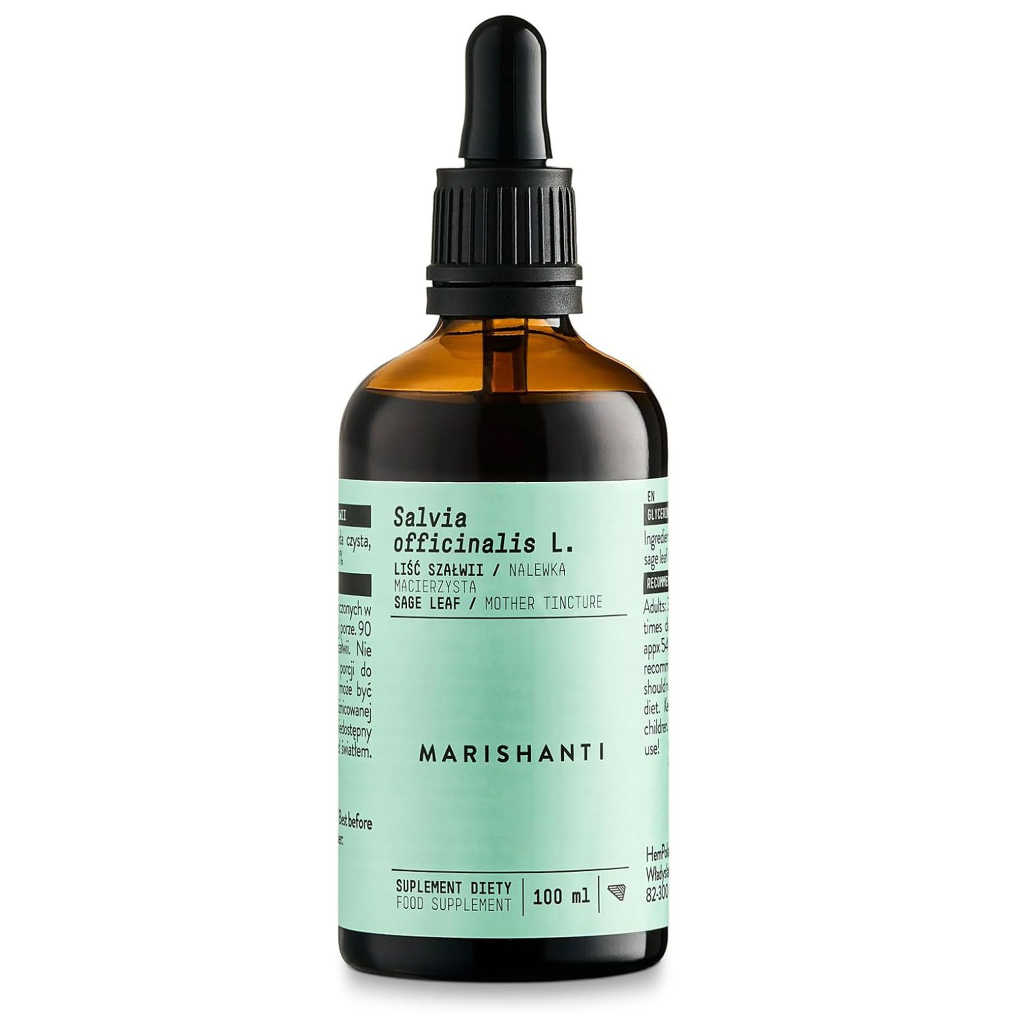 Braune Flasche mit Tropfer. Text: Marishanti, Salbei Extrakt. Salvia officinalis L. 100 ml.