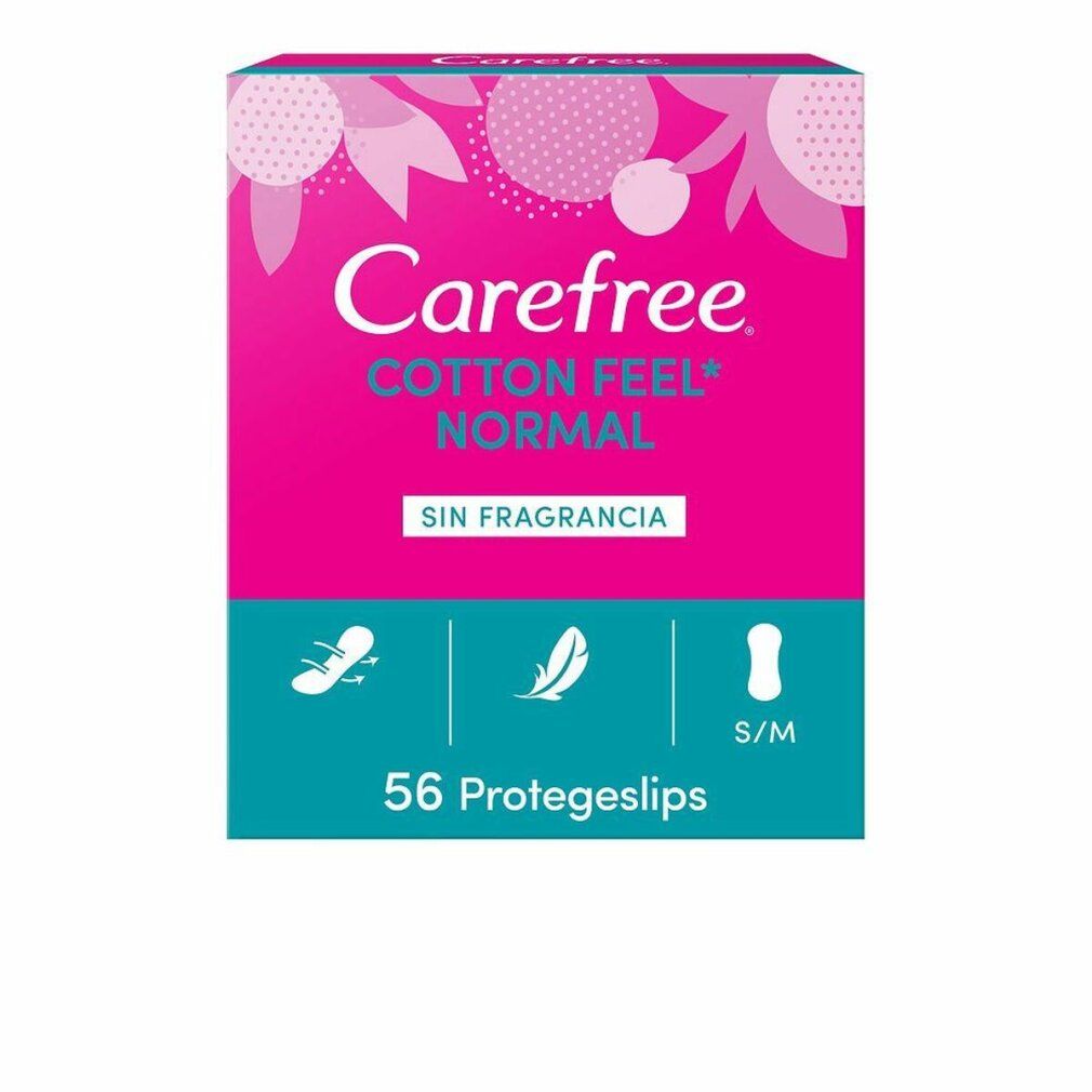 Carefree Cotton Protector Packung. Rosa-weißes Design mit Produktnamen und Merkmalen. 56 Protegeslips.