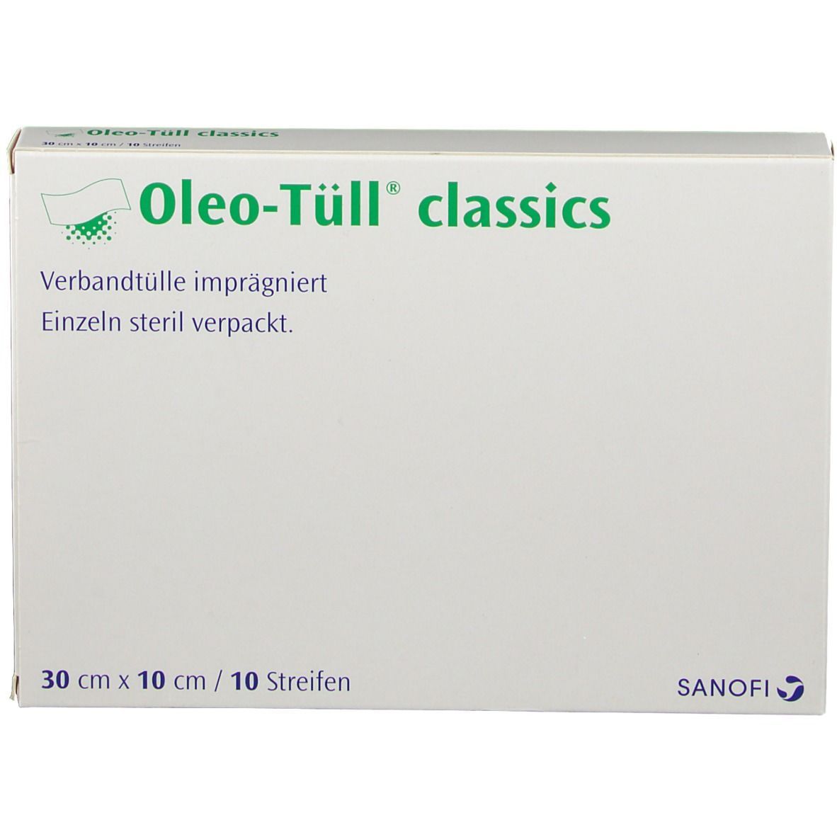Verpackung von Oleo-Tüll® classics. Beschriftung: Verbandtülle imprägniert, einzeln steril verpackt. Maße: 30 cm x 10 cm / 10 Streifen.