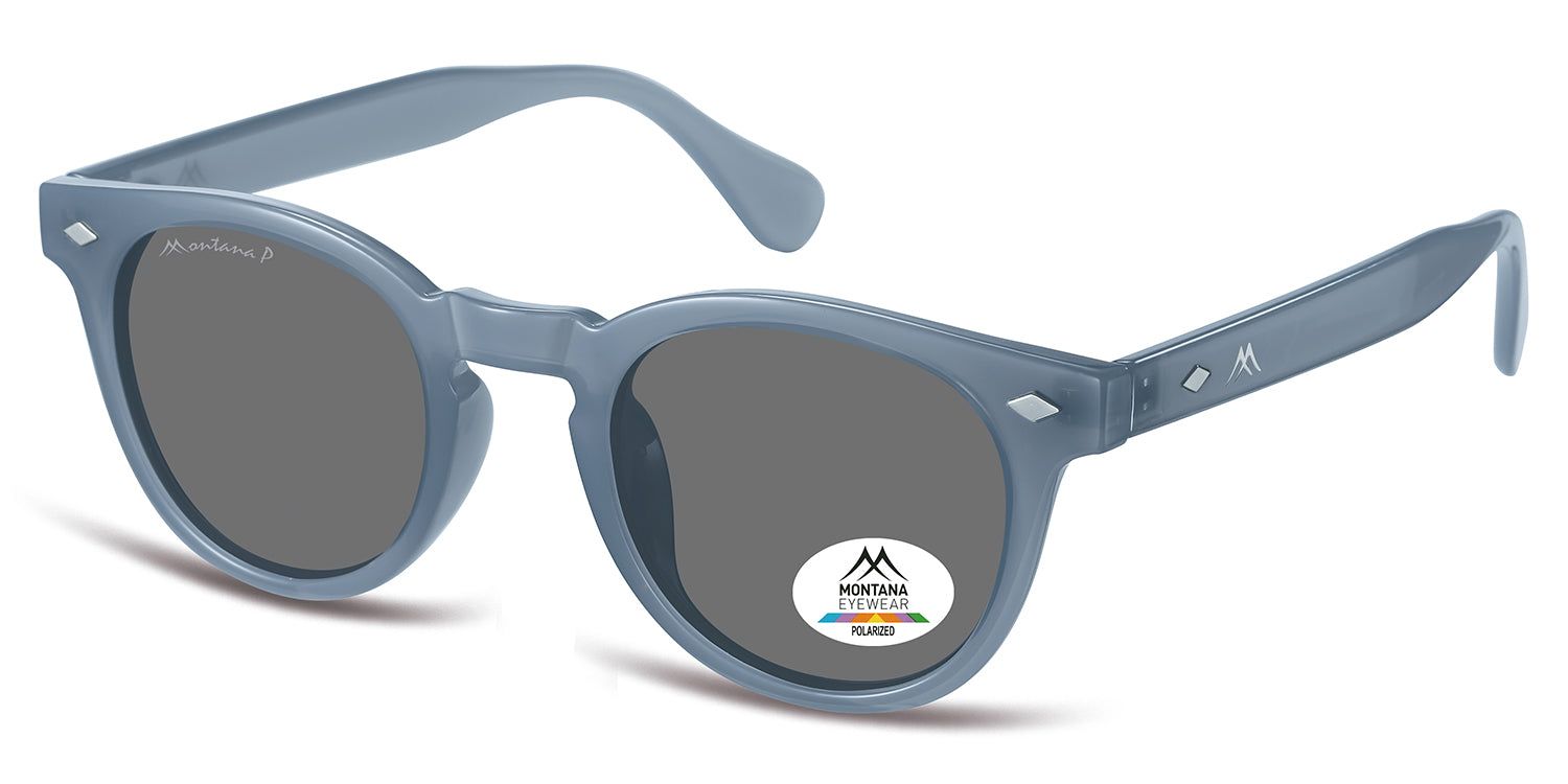 Blaue Sonnenbrille, schräge Ansicht. Runde Gläser, Montana Eyewear Logo auf dem Bügel und Glas. Polarisierte Gläser.