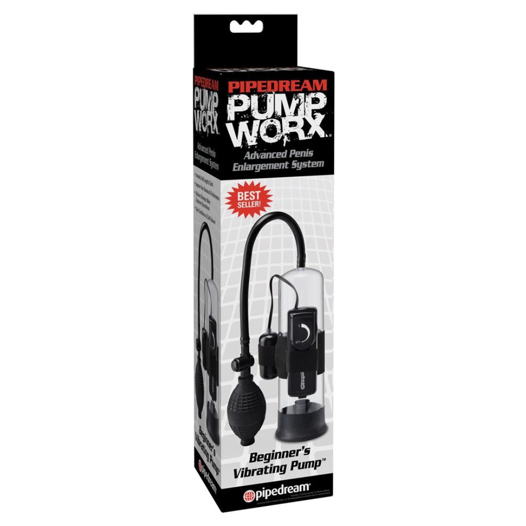 Verpackung mit Produkt. Text: Pipedream Pump Worx. Beginner's Vibrating Pump. Rote Auszeichnung.