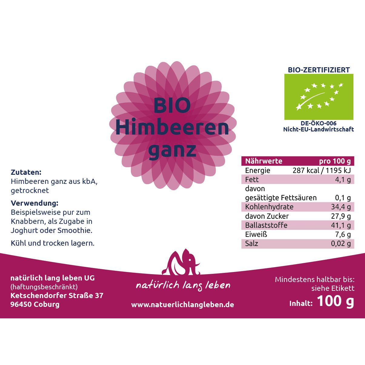 natürlich lang leben BIO Himbeeren ganz 100 g Früchte