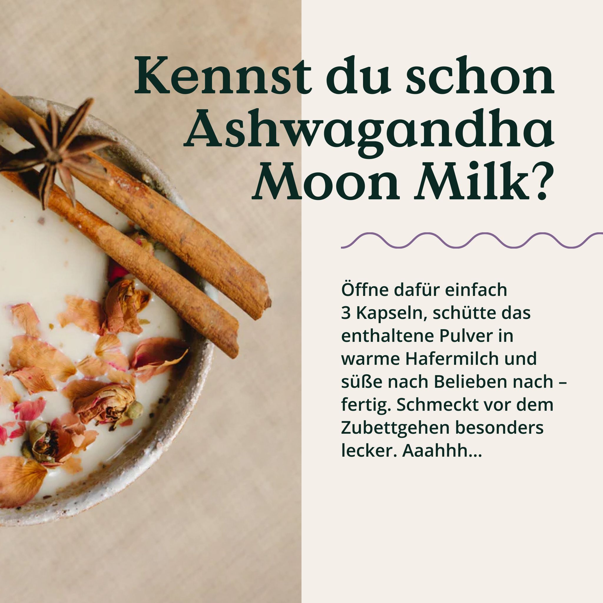 Schüssel mit Moon Milk. Text: Kennst du schon Ashwagandha Moon Milk? 3 Kapseln in warme Hafermilch. Mit Zimt und Sternanis.