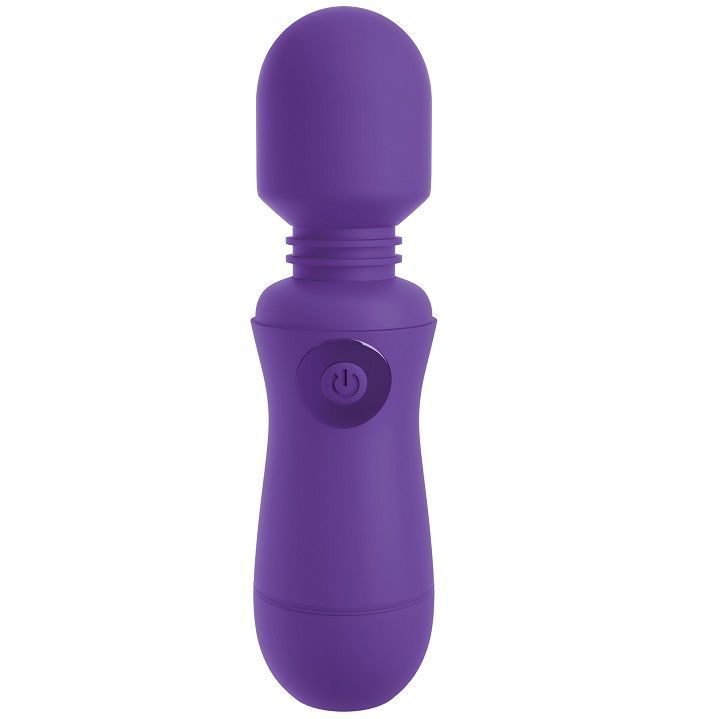 Lila Massagegerät mit abgerundetem Kopf und Bedienknopf. Flexibler Hals. Wiederaufladbar.