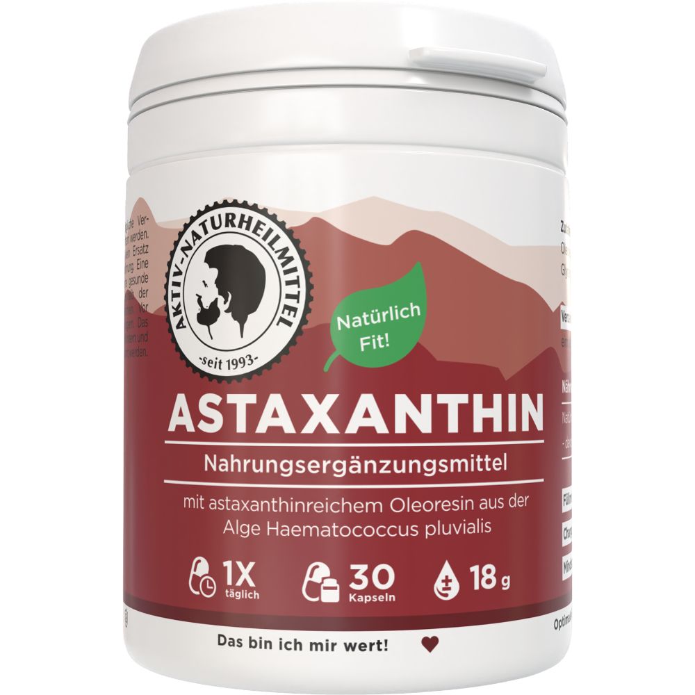Weißer Behälter mit rotem Etikett. Aufschrift: Astaxanthin, Nahrungsergänzungsmittel. Enthält 30 Kapseln. Marke: Aktiv Naturheilmittel.