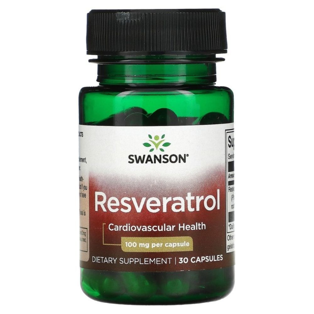Grüne Flasche mit SWANSON Resveratrol Kapseln, 100 mg pro Kapsel, für Herz-Kreislauf-Gesundheit.