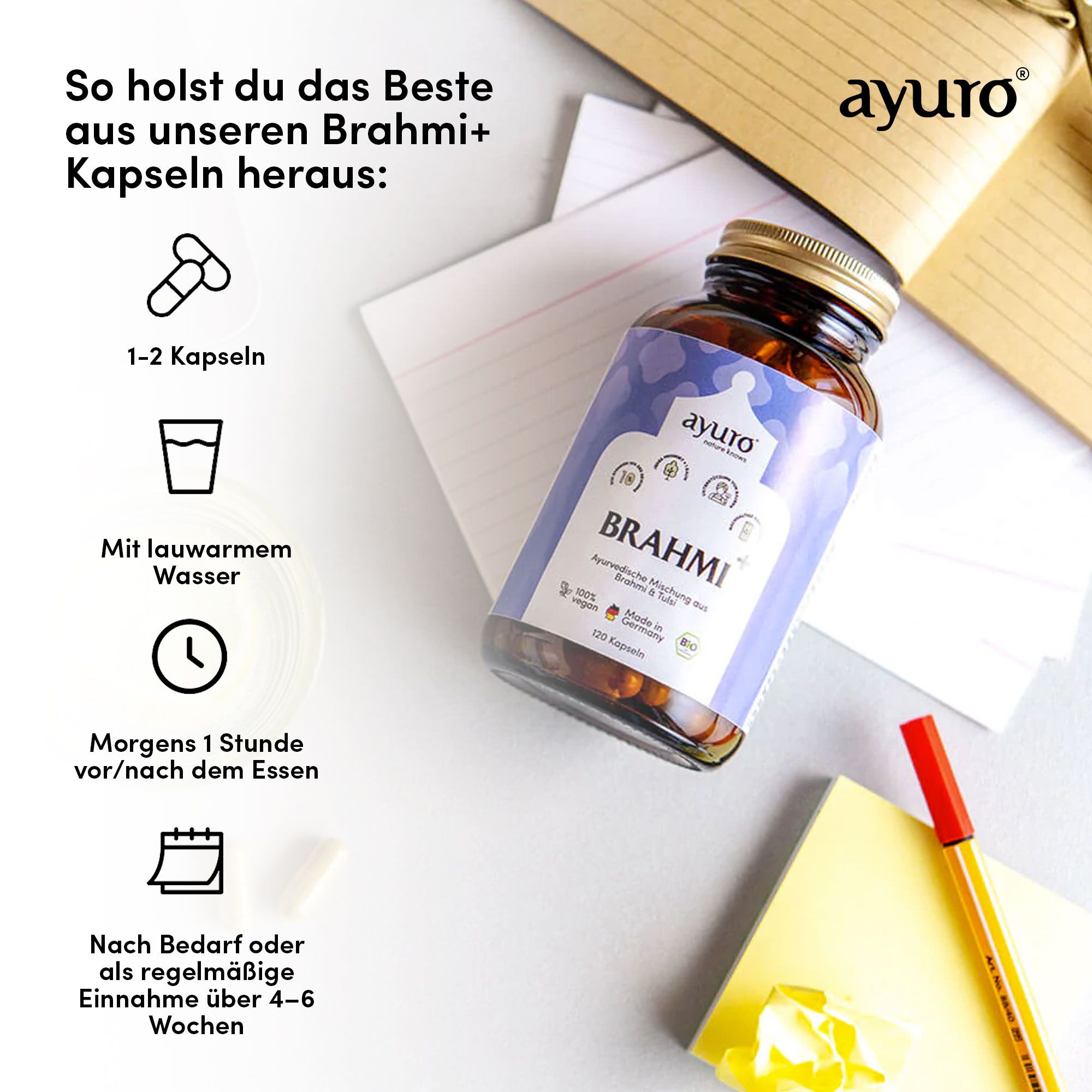 Produktflasche neben Notizen und Stift. Illustrationen zeigen Einnahme: 1-2 Kapseln mit lauwarmem Wasser, morgens vor dem Essen, nach Bedarf.