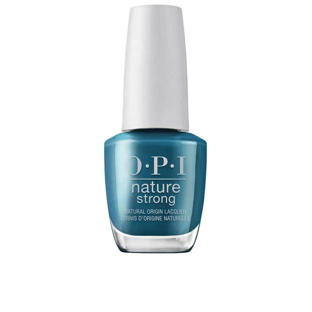 Blaugrüner Nagellackflakon mit weißem Deckel. OPI Nature Strong-Logo und Text.