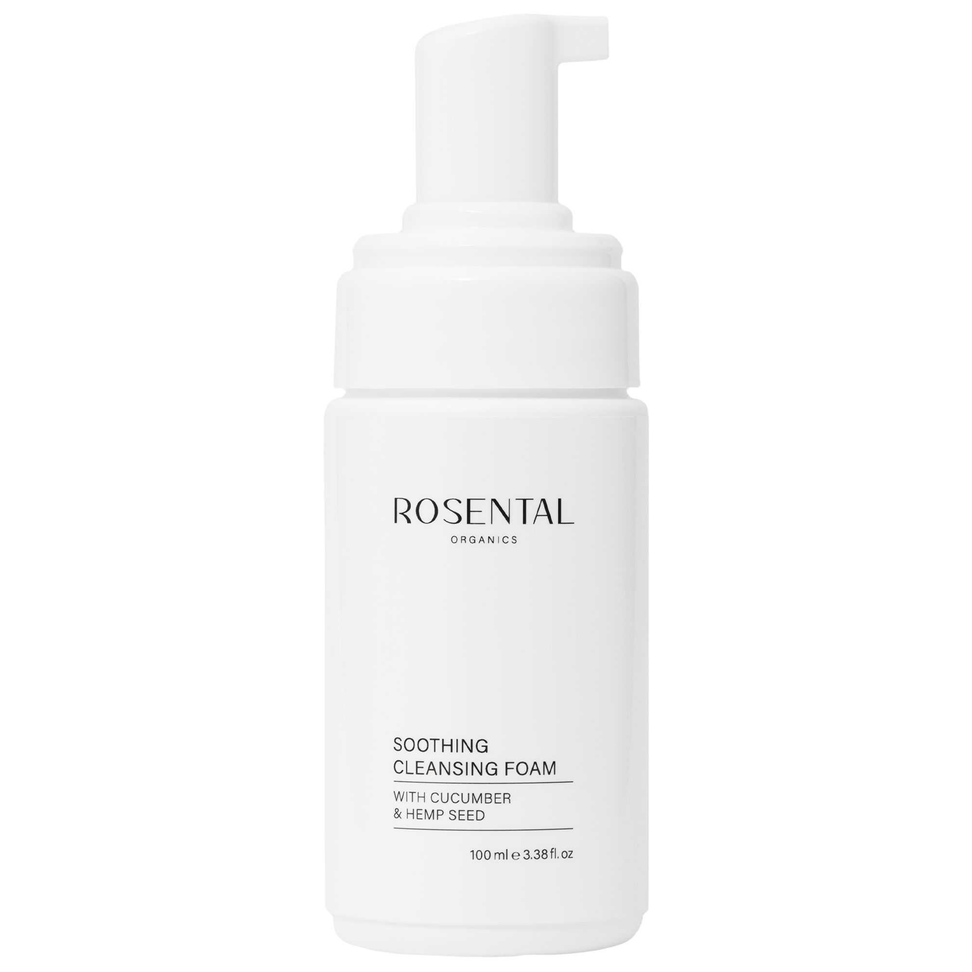 Weiße Flasche Rosental Organics Soothing Cleansing Foam. Produktname und Text. 100 ml.