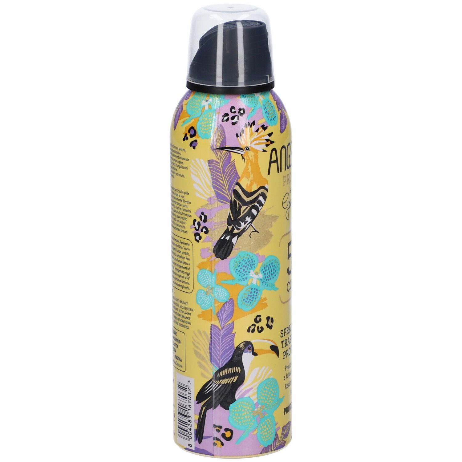 Bomboletta spray gialla con motivi floreali e uccelli. Tappo nero. Testo: Angstrom, SPF50, Spray Trasparente. Codice a barre.