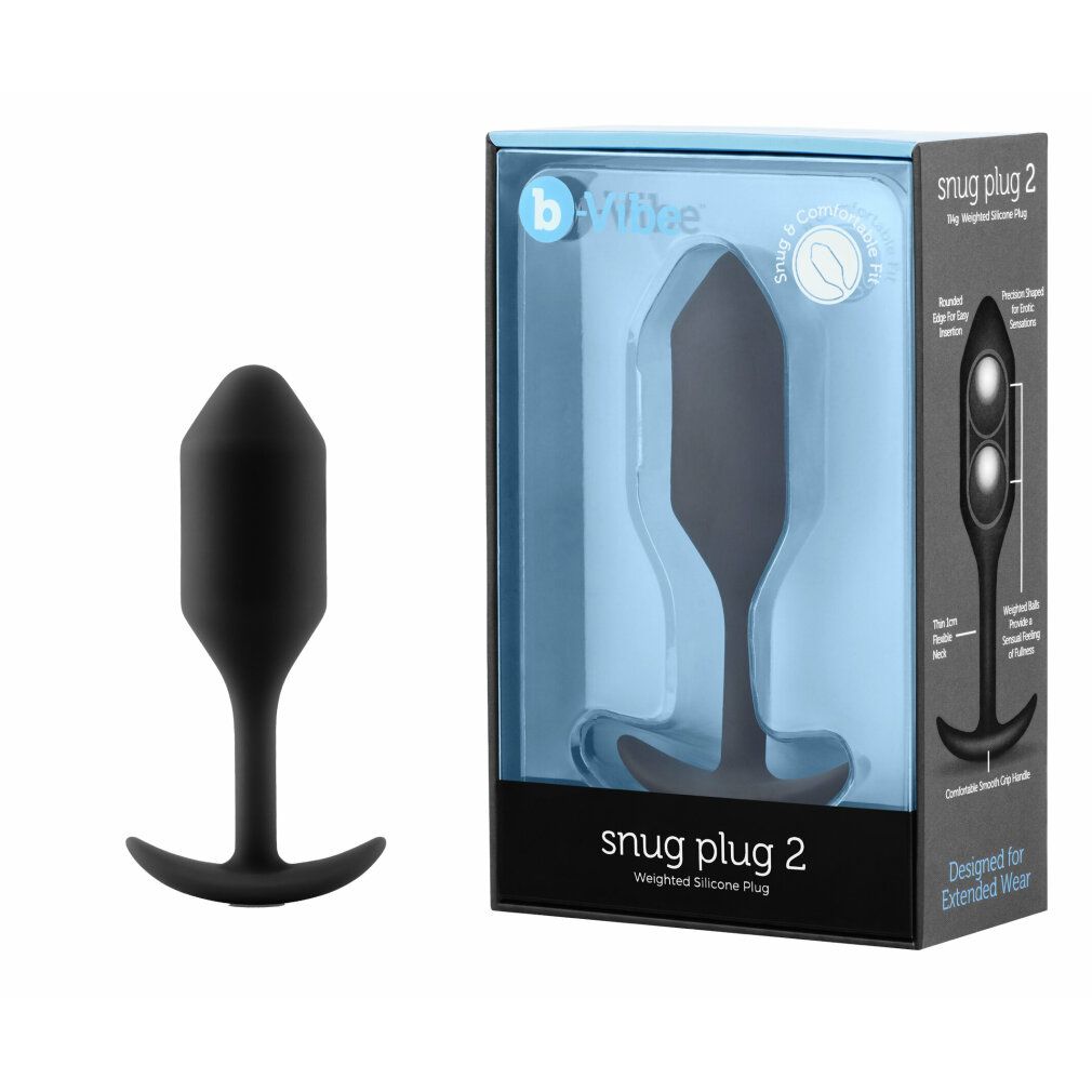 Schwarzer Plug und Verpackung. Produktname: snug plug 2. Marke: b-Vibe.