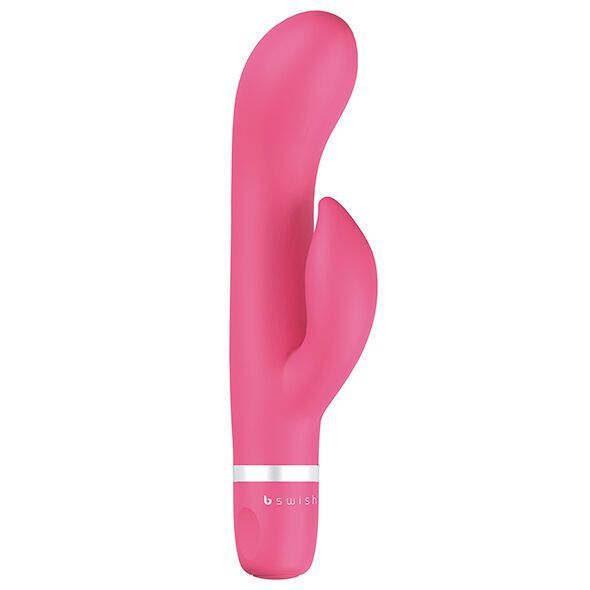 Pinkfarbener Vibrator mit gebogener Form. Silberfarbener Ring am unteren Ende. Marke: B Swish.