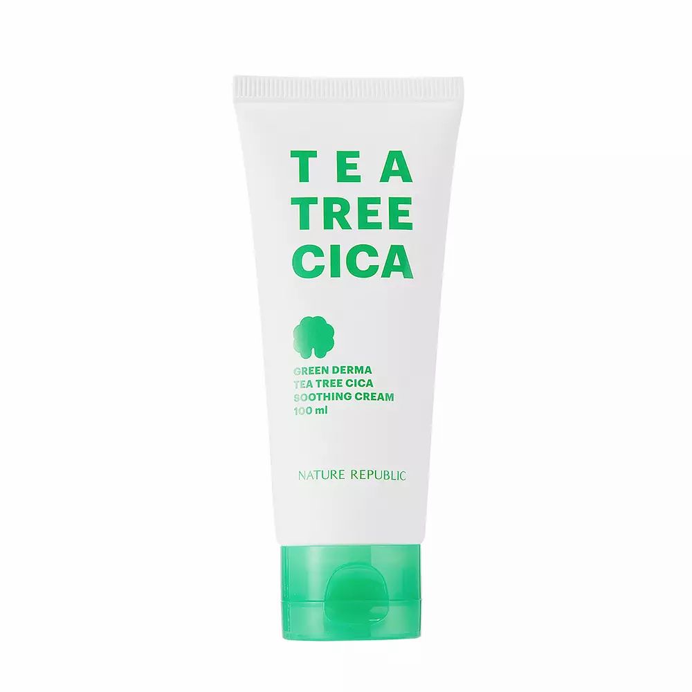 Weiße Tube mit grünem Deckel. Aufschrift: TEA TREE CICA, darunter weitere Produktinformationen. Marke: NATURE REPUBLIC.