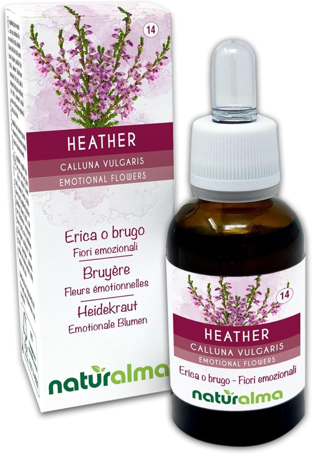 Braune Glasflasche und Schachtel. Aufschrift: HEATHER, CALLUNA VULGARIS, EMOTIONAL FLOWERS. Marke: naturalma. Mit floraler Abbildung.