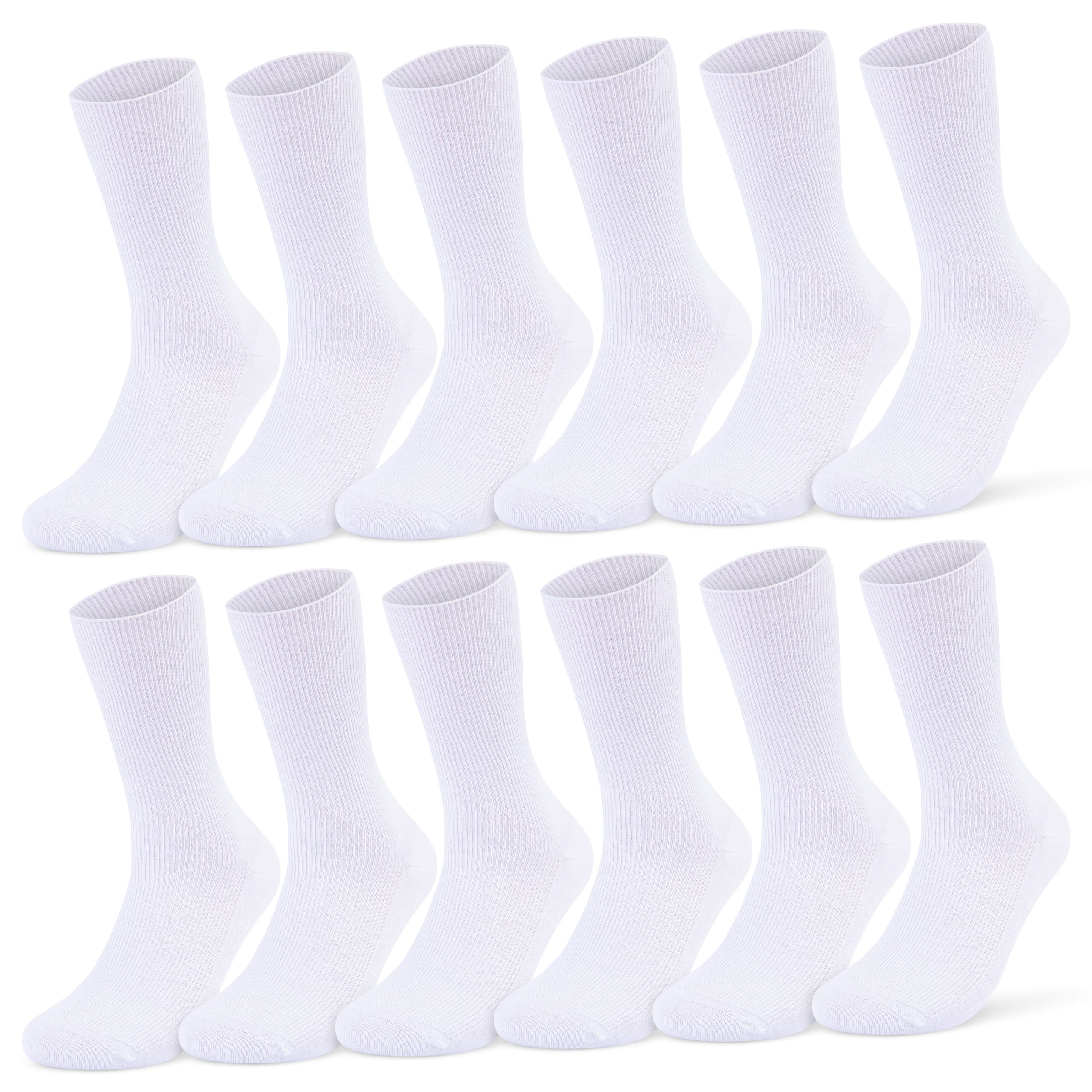 Zwölf weiße Socken aus Baumwolle. Geripptes Design, ohne sichtbare Gummibündchen.