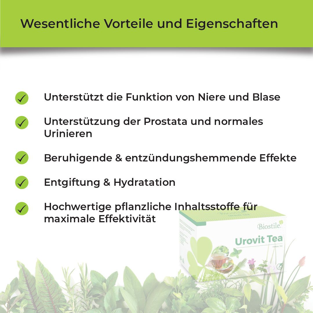 Text: Wesentliche Vorteile und Eigenschaften. Urovit Tee. Unterstützt Nieren, Blase, Prostata. Entgiftung.