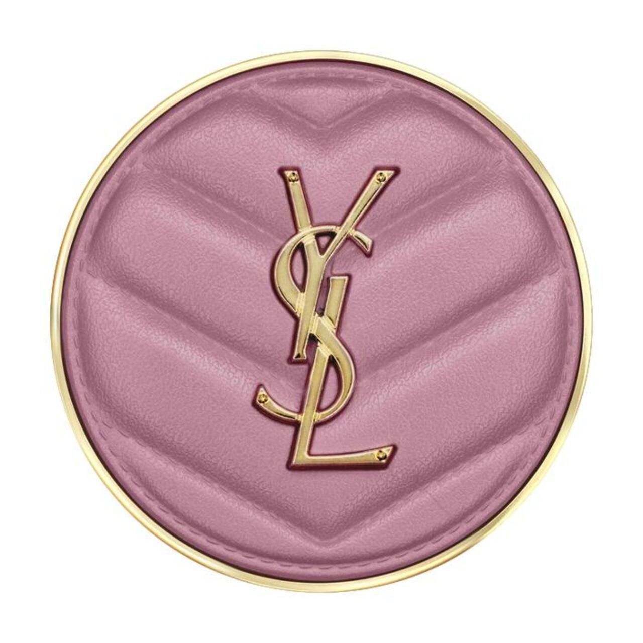 Runder, gesteppter Kompaktspiegel in Rosa mit goldenem YSL-Logo.