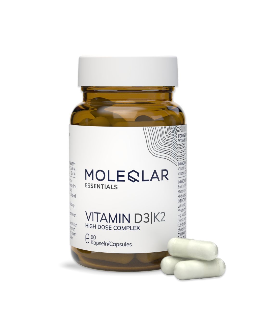Braune Glasflasche mit weißem Deckel, gefüllt mit Kapseln. Enthält Vitamin D3|K2 High Dose Complex.