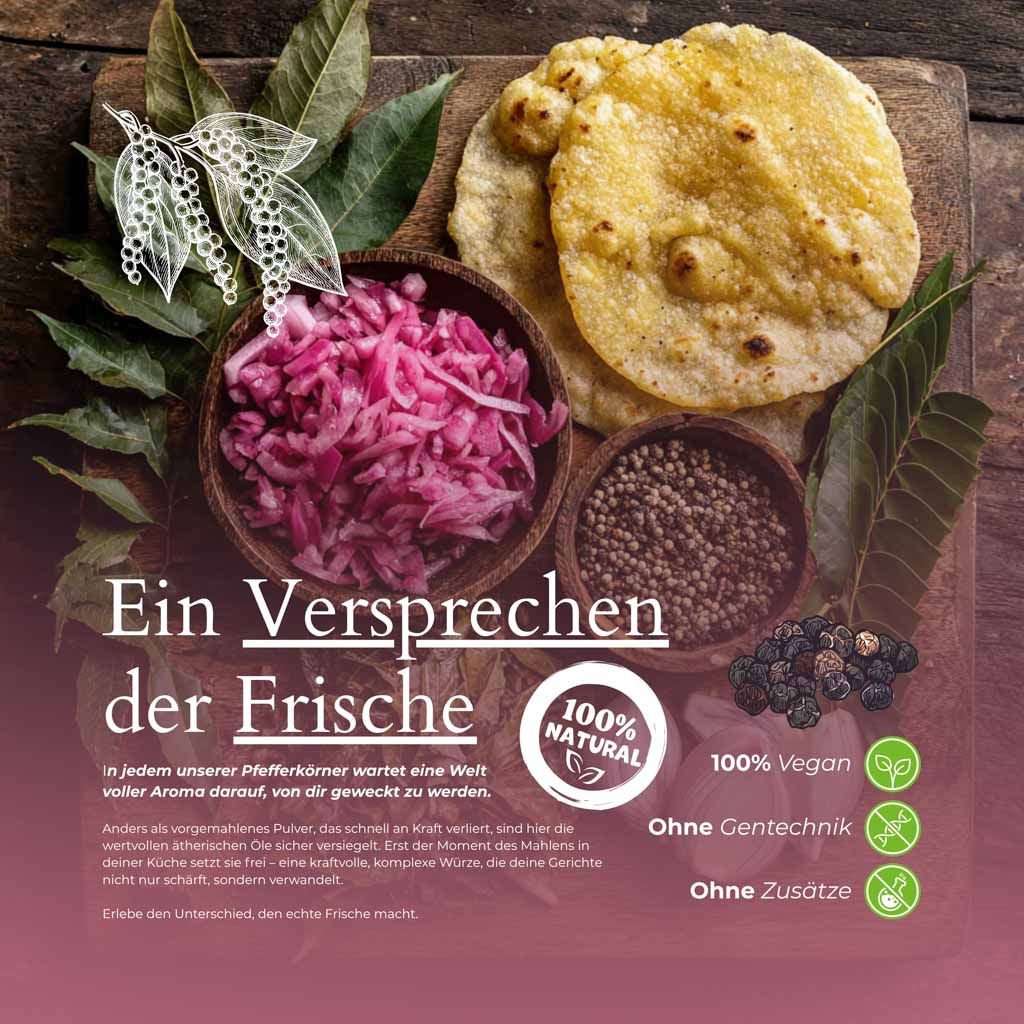 Verschiedene Zutaten auf Holzbrett: Rote Zwiebeln, schwarzer Pfeffer, Fladenbrot. Text: 100% Natural, Ohne Gentechnik, Ohne Zusätze.